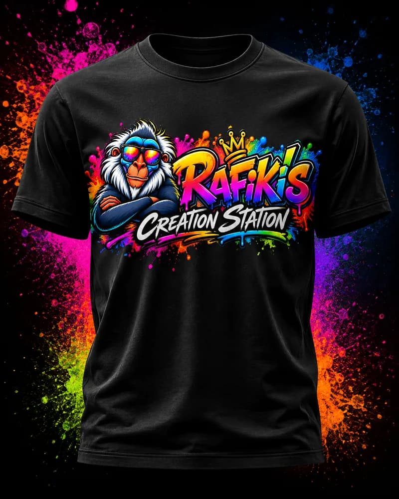Black T-shirt printed with colourful custom artwork