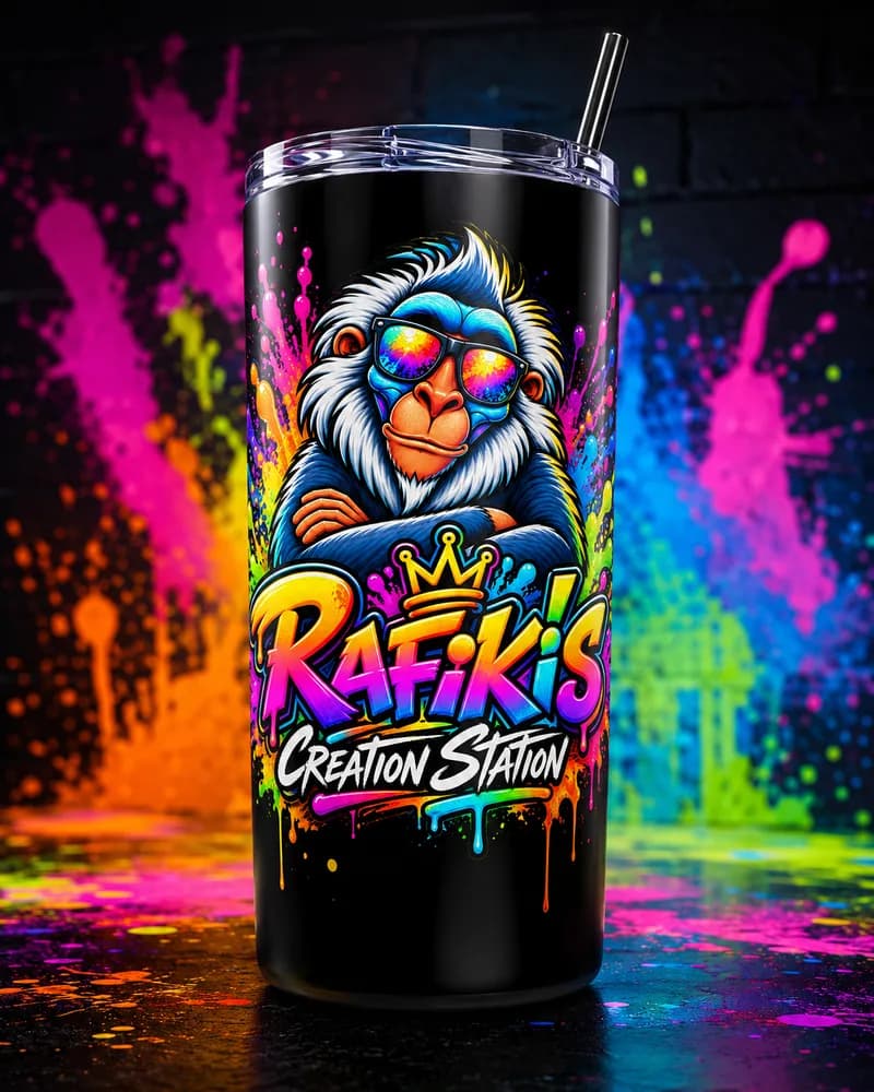 Black insulated tumbler wrapped in colourful custom artwork