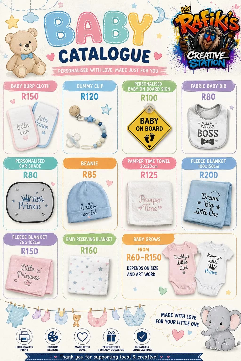 Catalogue page listing personalised baby items — a burp cloth, a dummy clip, a baby-on-board sign, a bib, a car shade, a beanie, towels, blankets and onesies — priced R80 to R200
