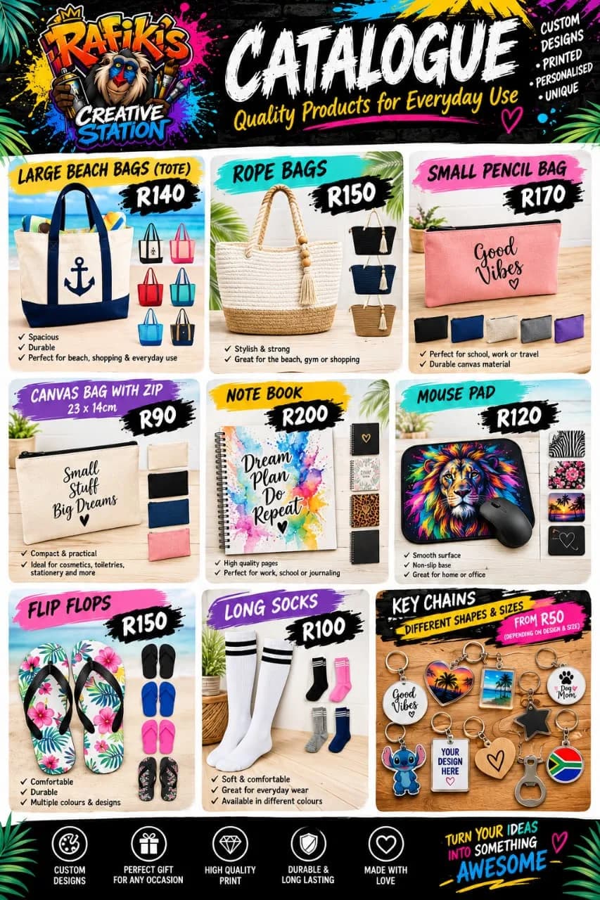 Catalogue page listing beach tote bags, rope bags, a pencil bag, a canvas zip bag, a notebook, a mouse pad, flip flops, long socks and keychains, priced R50 to R200