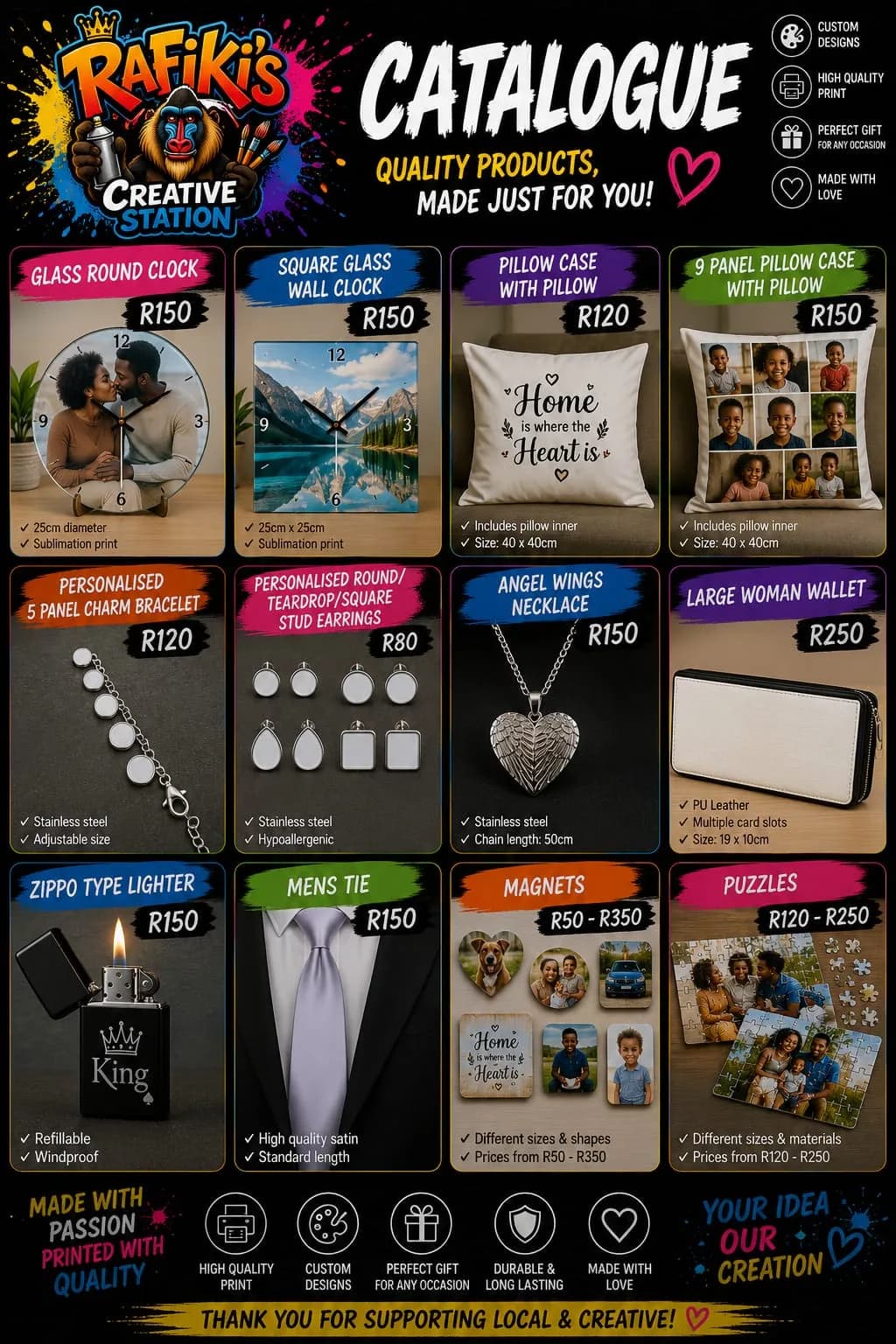 Catalogue page listing photo clocks, a pillow case, a 9-panel photo pillow, a charm bracelet, stud earrings, an angel wings necklace, a wallet, a lighter, a tie, magnets and puzzles, priced R50 to R350