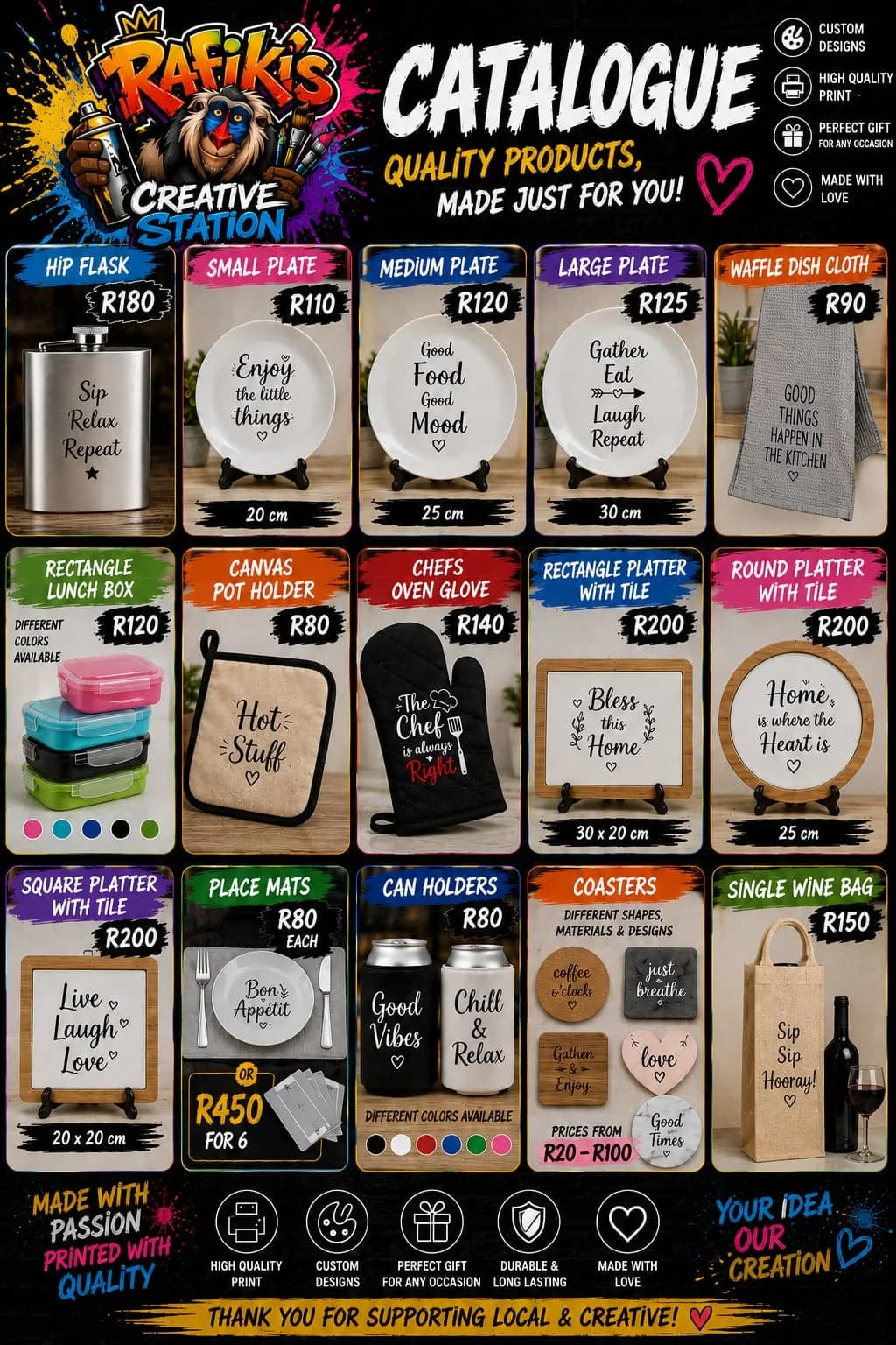 Catalogue page listing a hip flask, personalised plates, a waffle dish cloth, a lunch box, a pot holder, an oven glove, tile platters, place mats, can holders, coasters and a wine bag, priced R20 to R450