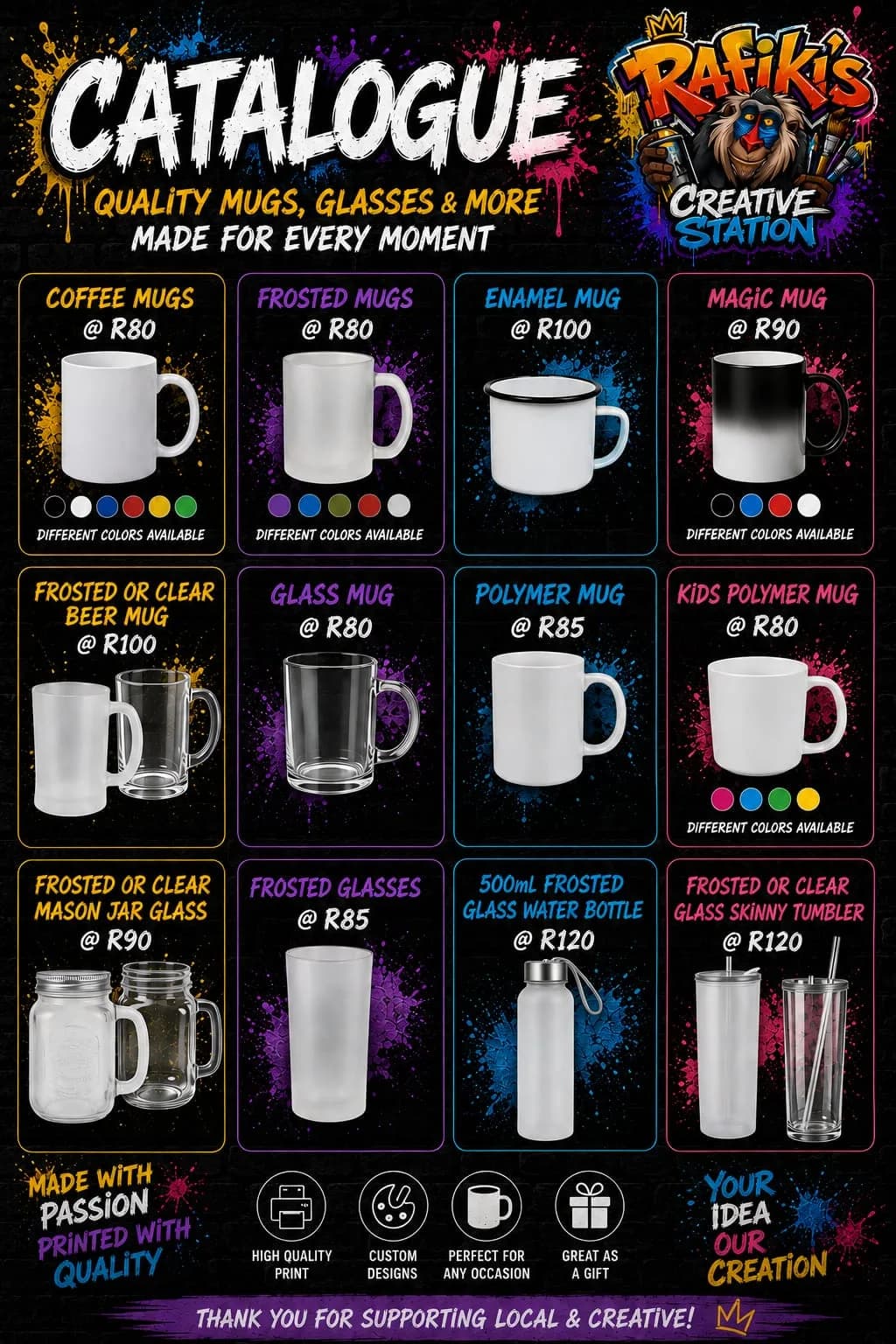 Catalogue page listing coffee mugs, frosted mugs, enamel mugs, magic mugs, beer mugs, glass mugs, polymer mugs, mason jars, frosted glasses, a water bottle and skinny tumblers, priced R80 to R120