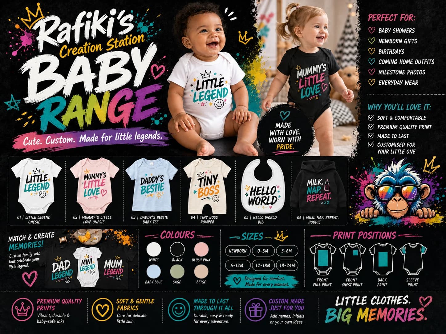 Shape and size guide for every baby range option Rafiki's Creation Station prints