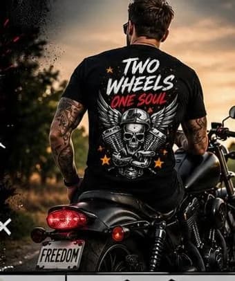 Man on a motorcycle wearing a black t-shirt printed with a skull design reading Two Wheels One Soul