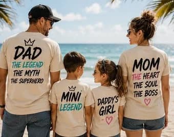 Family wearing matching t-shirts reading Dad The Legend, Mini Legend, Daddy's Girl and Mom The Heart