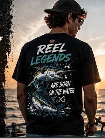 Man wearing a black t-shirt printed with a marlin design reading Reel Legends Are Born On The Water