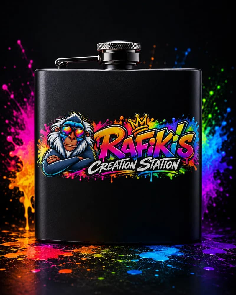 Matte black hip flask printed with the Rafiki's Creation Station mascot and graffiti logo