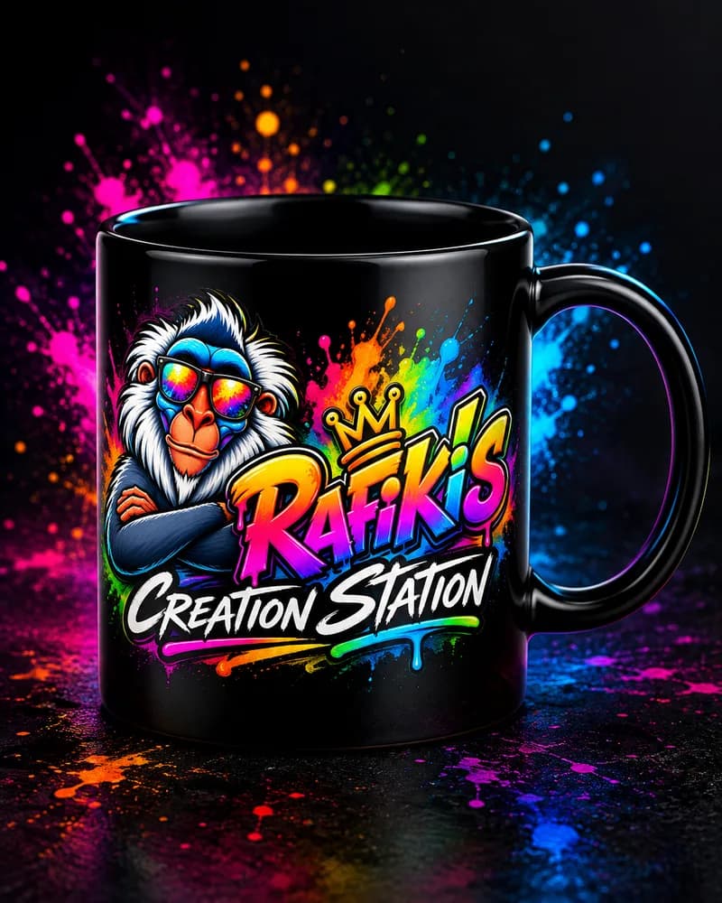 Black ceramic mug printed with the Rafiki's Creation Station mascot and graffiti logo