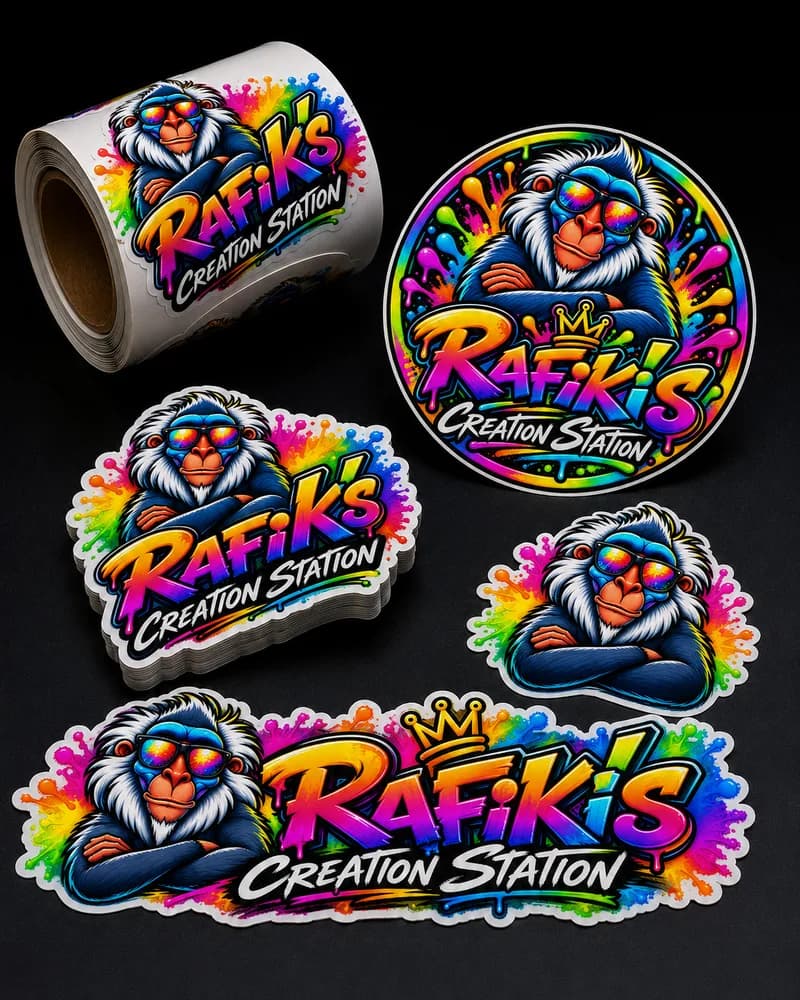A roll and several die-cut Rafiki's Creation Station vinyl stickers in different shapes and sizes